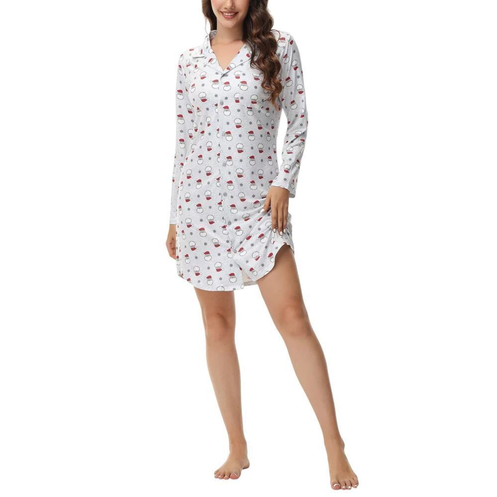 NWT INK + IVY Long Sleeve Christmas Print Notch Collar Sleepshirt Nightgown